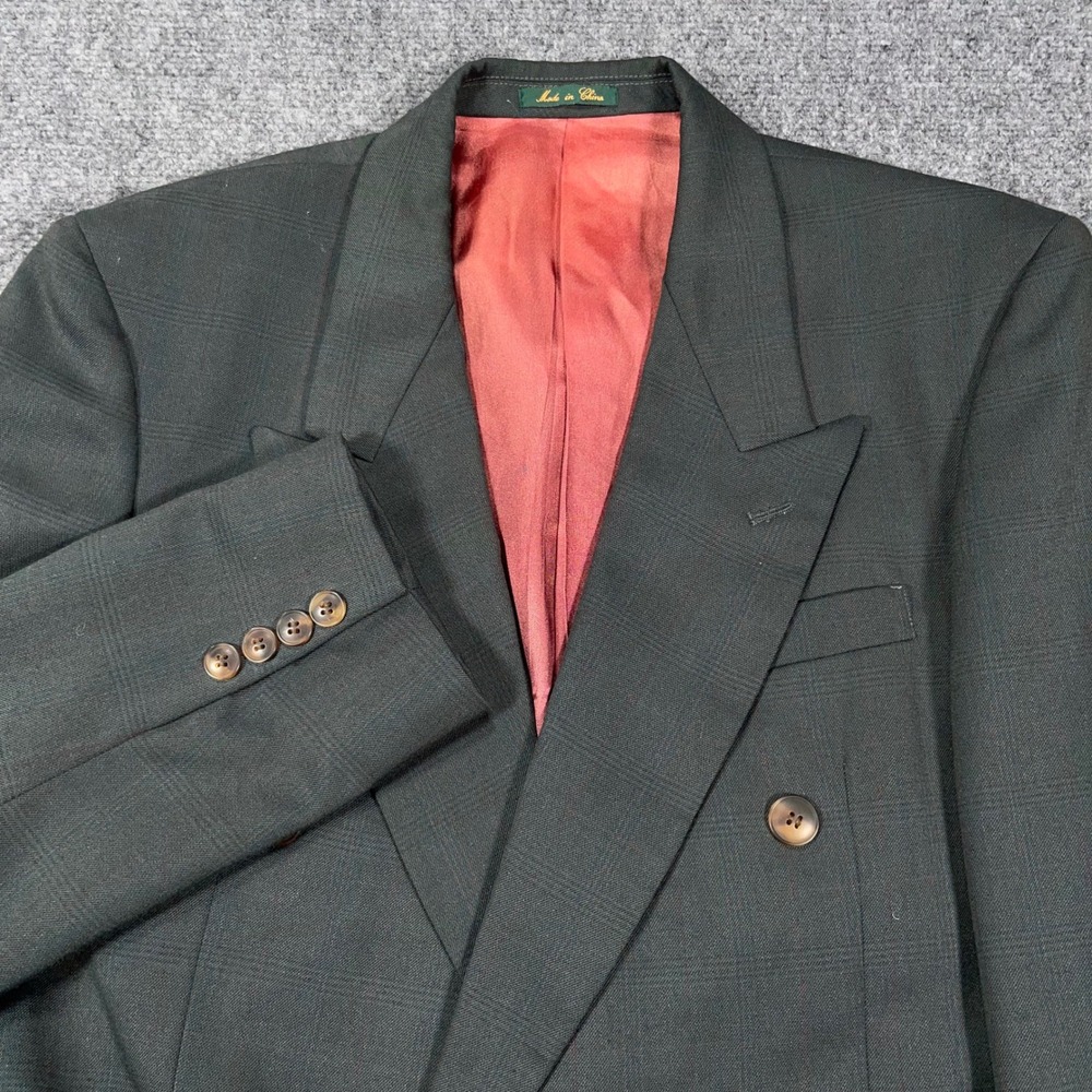 Peak Lapel Double Breasted Blazer Men 38R Wool Plaid Green Ivy League Old Money